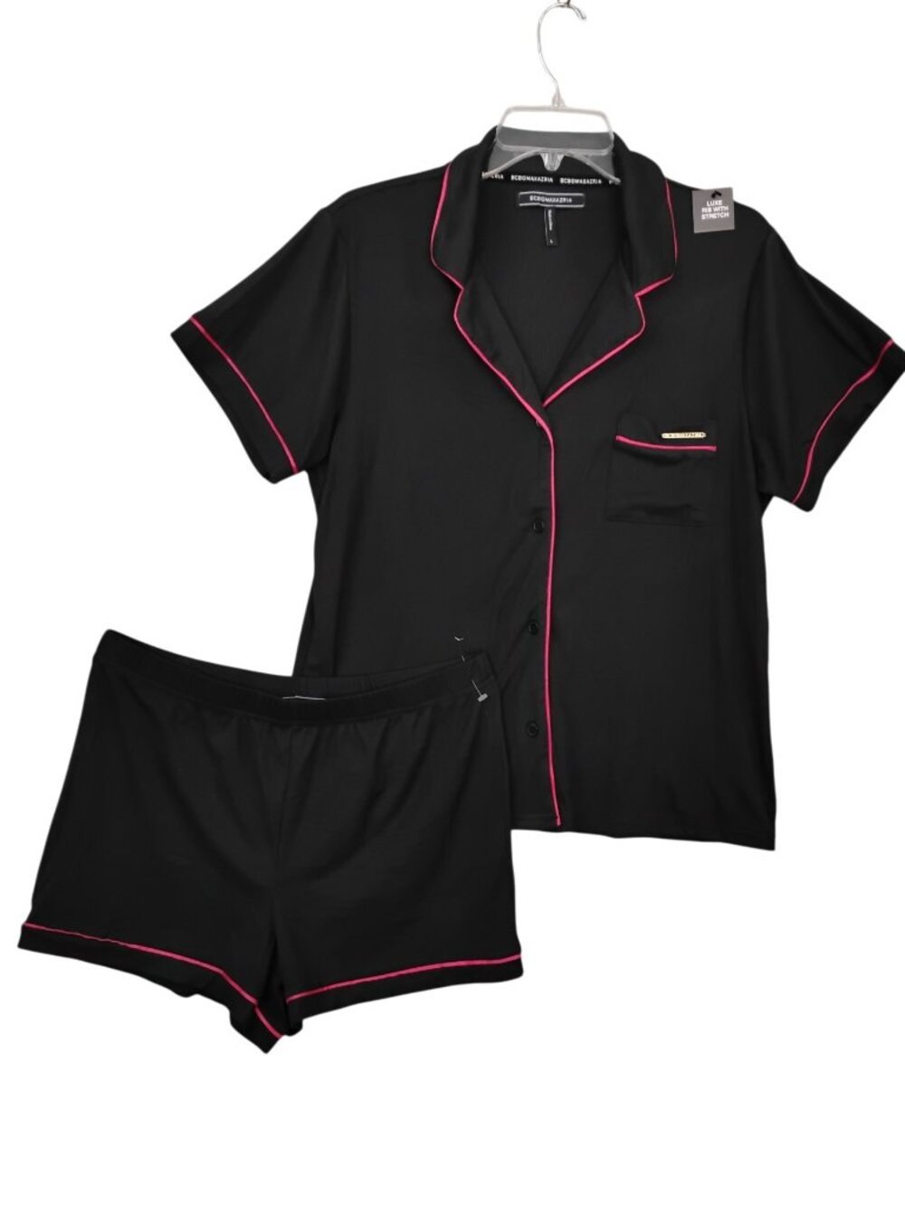 BCBG Maxazria NWT Black Luxe Rib w Stretch Pajama Set Shorts & Button Down Top
